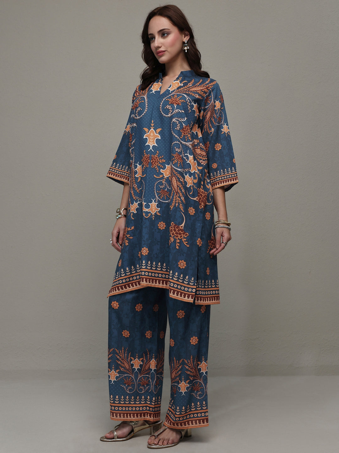 Libas Blue Floral Printed Cotton Blend Co-Ord Set