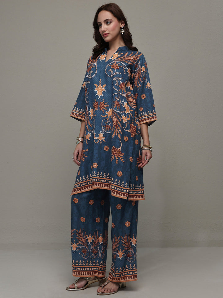Libas Blue Floral Printed Cotton Blend Co-Ord Set