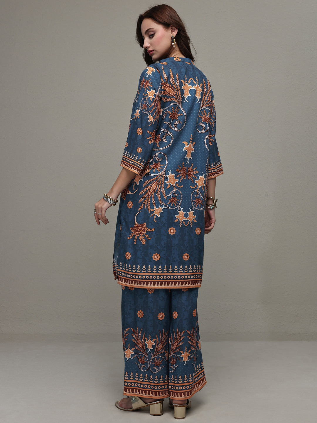 Libas Blue Floral Printed Cotton Blend Co-Ord Set