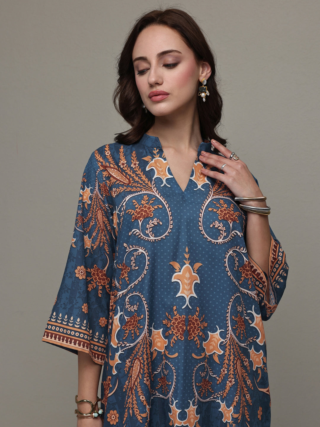 Libas Blue Floral Printed Cotton Blend Co-Ord Set