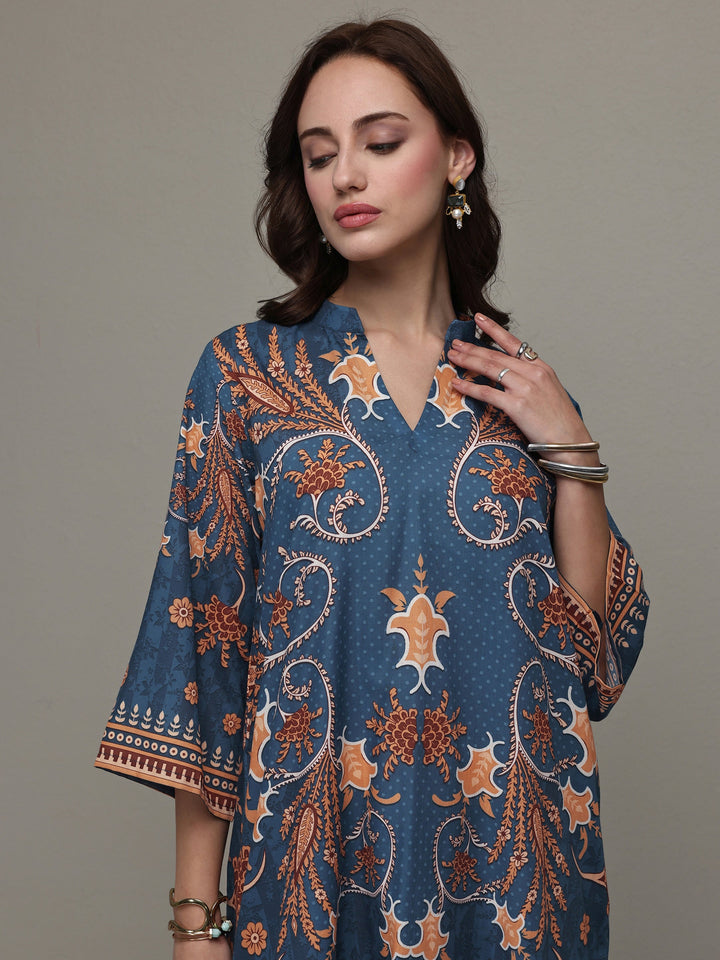 Libas Blue Floral Printed Cotton Blend Co-Ord Set