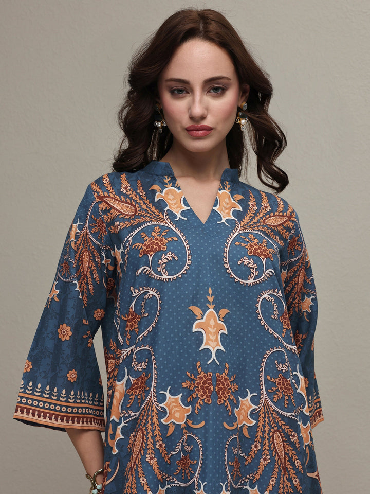 Libas Blue Floral Printed Cotton Blend Co-Ord Set