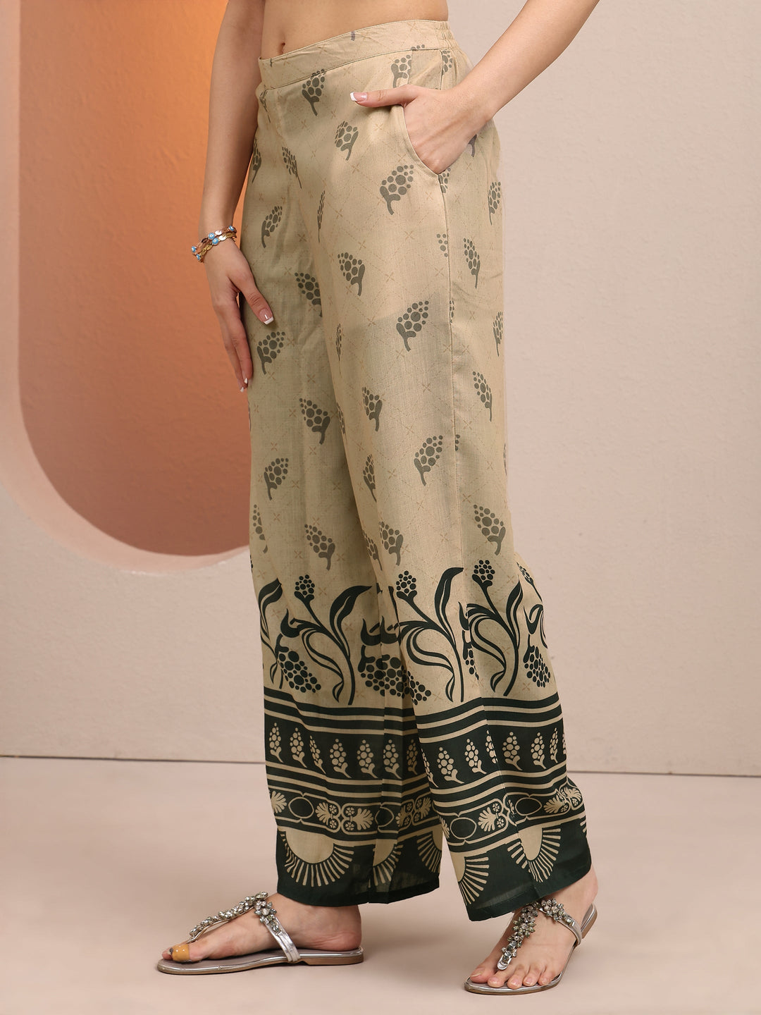 Beige Printed Cotton Blend Co-Ord Sets