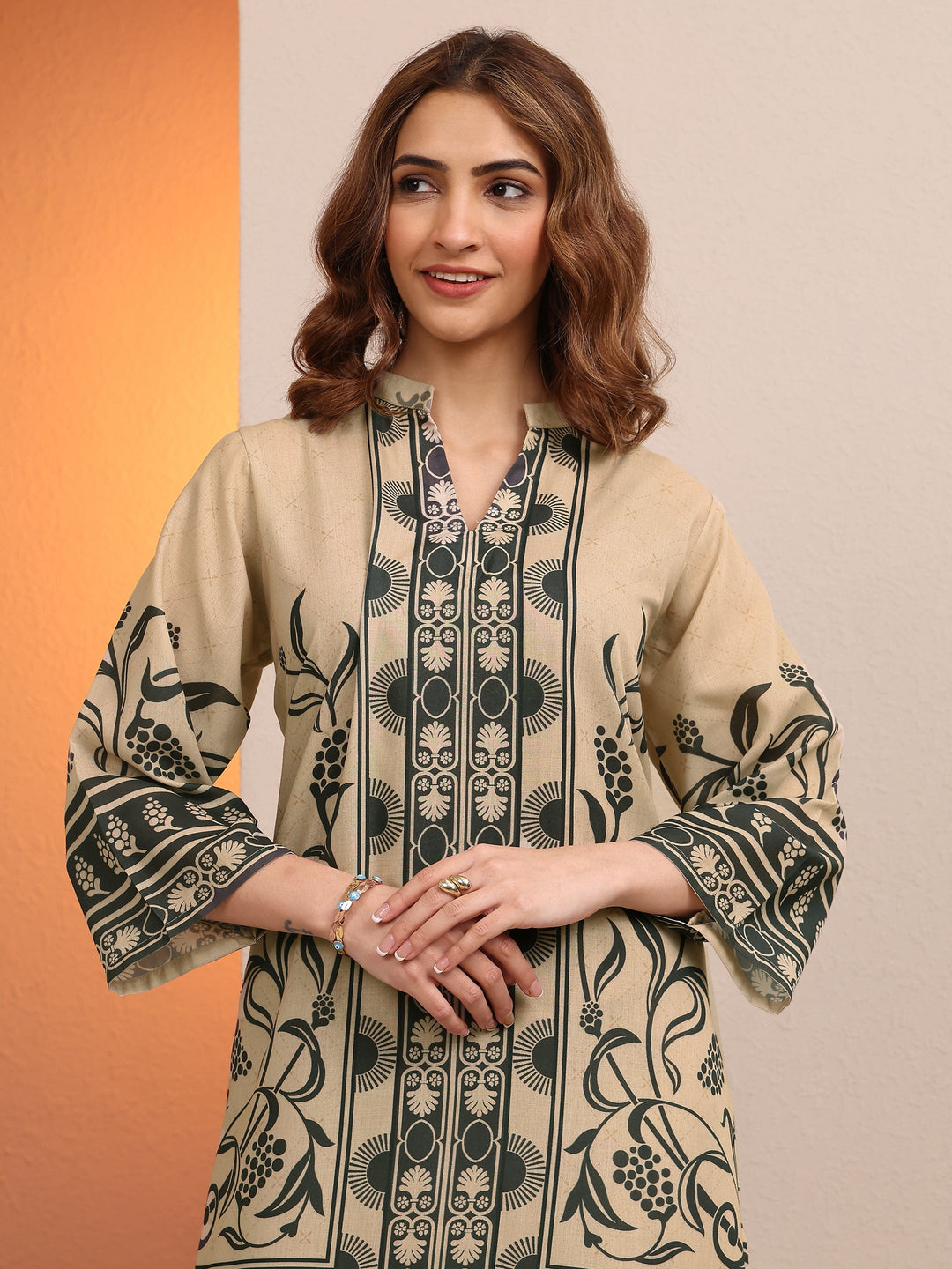 Beige Printed Cotton Blend Co-Ord Sets