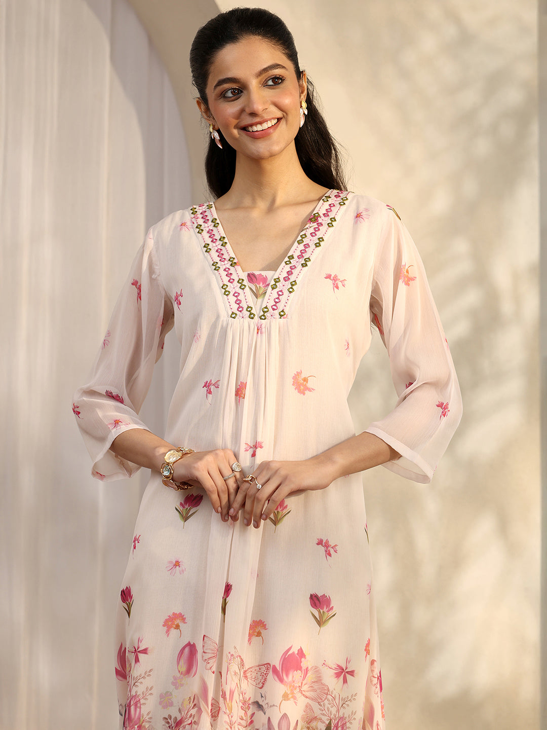 Off White Printed Chiffon A-Line Suit Set With Dupatta