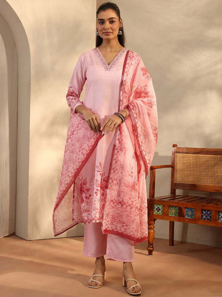Pink Printed Linen Straight Suit Set With Dupatta