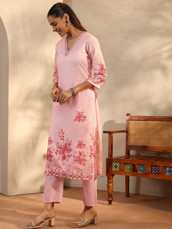 Pink Printed Linen Straight Suit Set With Dupatta