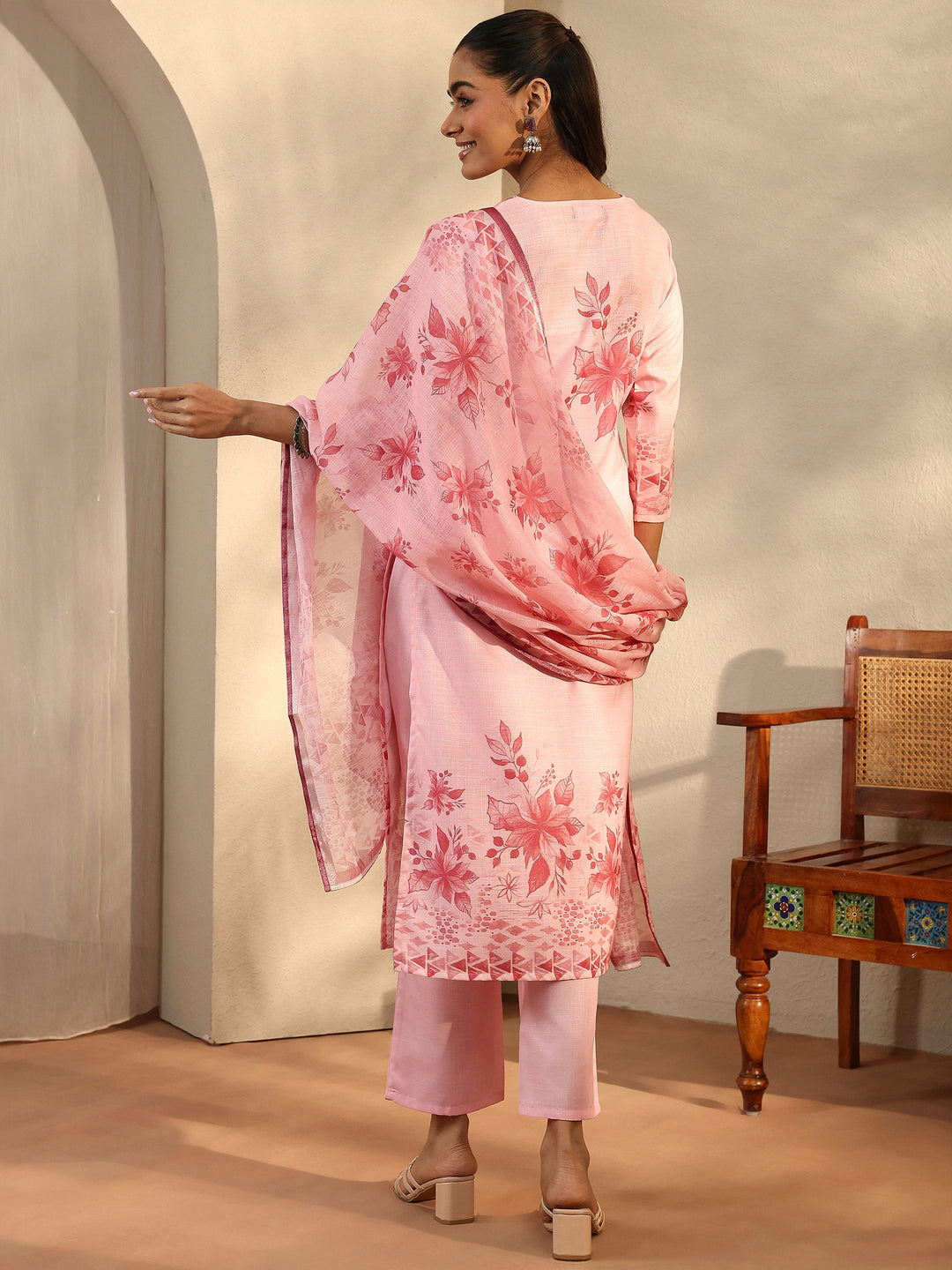 Pink Printed Linen Straight Suit Set With Dupatta