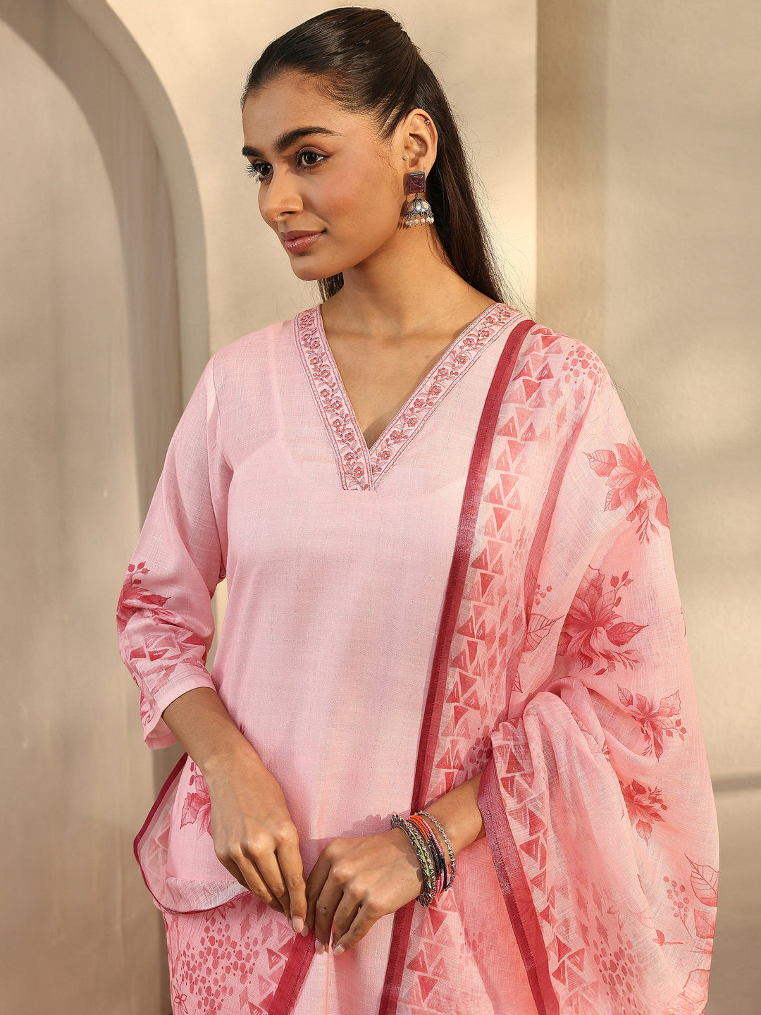 Pink Printed Linen Straight Suit Set With Dupatta