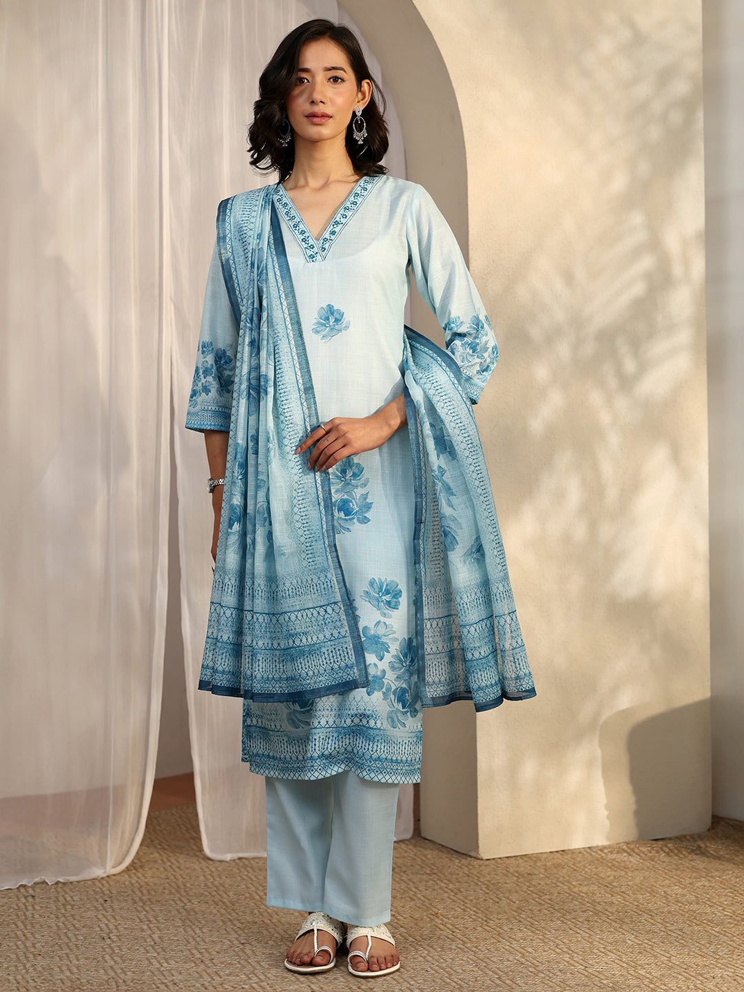 Sofia Blue Printed Linen Straight Suit Set With Dupatta