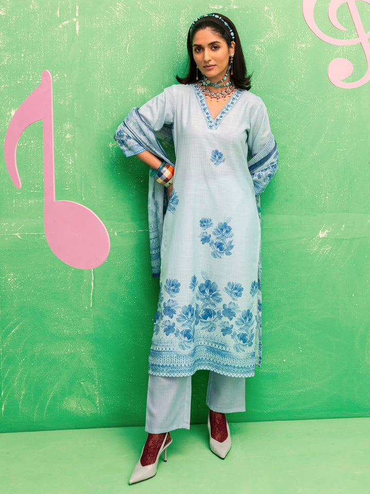 Sofia Blue Printed Linen Straight Suit Set With Dupatta