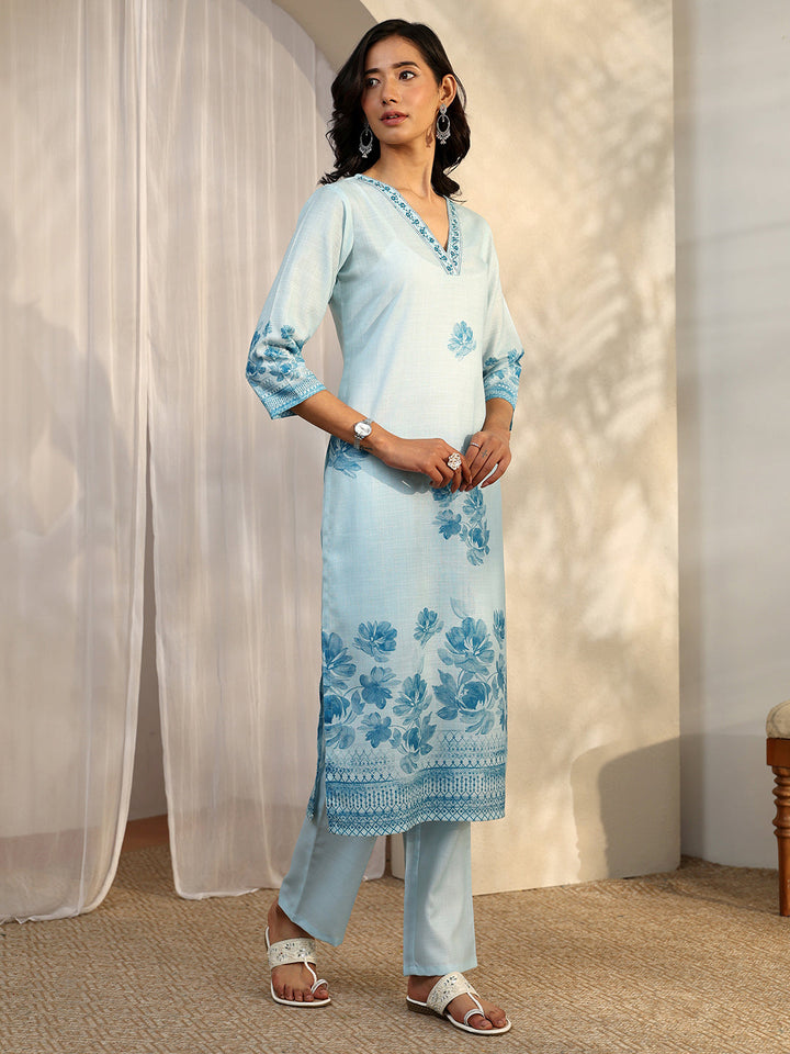 Sofia Blue Printed Linen Straight Suit Set With Dupatta