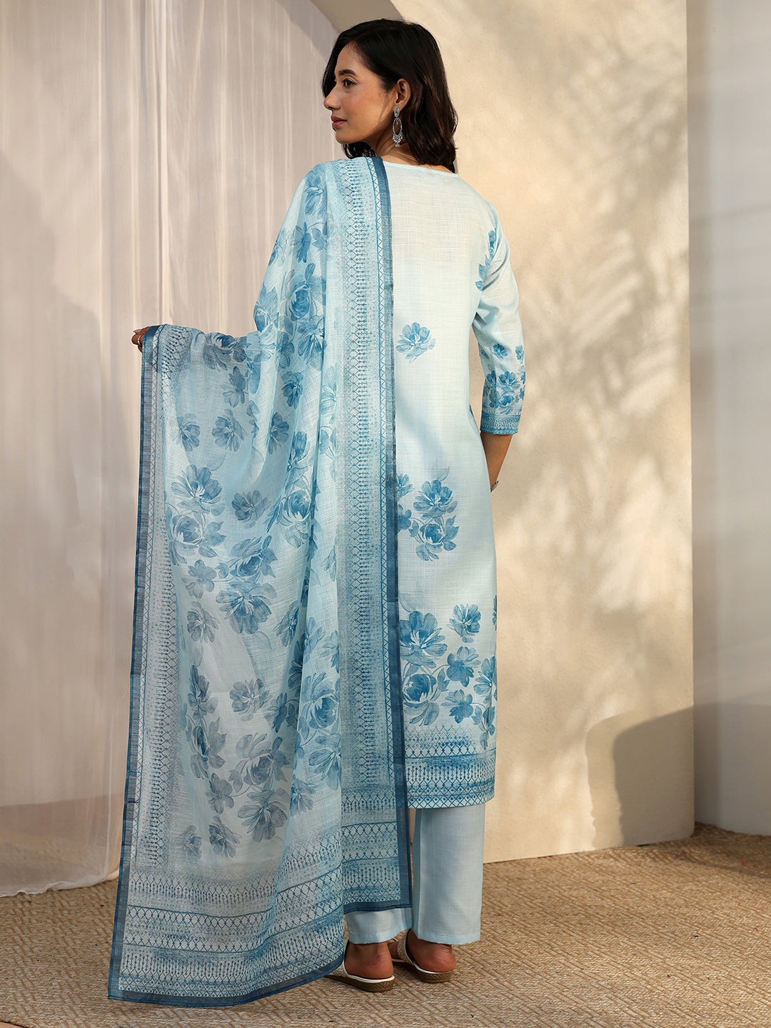 Sofia Blue Printed Linen Straight Suit Set With Dupatta