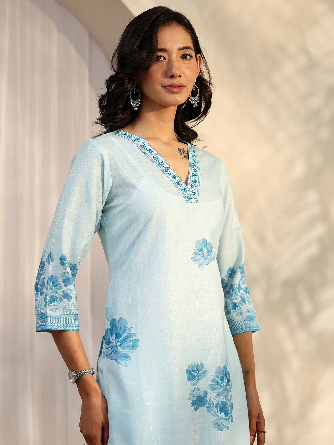 Sofia Blue Printed Linen Straight Suit Set With Dupatta
