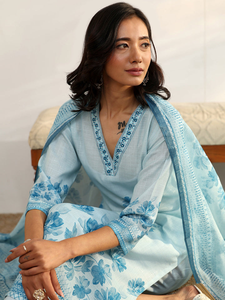 Sofia Blue Printed Linen Straight Suit Set With Dupatta