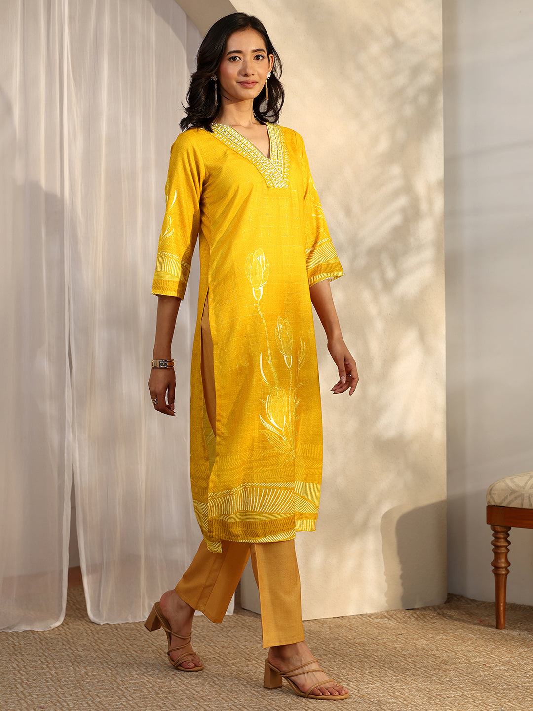 Mustard Printed Linen Straight Suit Set With Dupatta