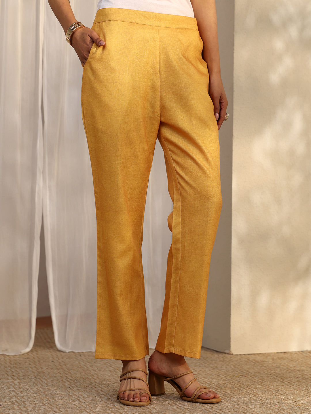 Mustard Printed Linen Straight Suit Set With Dupatta