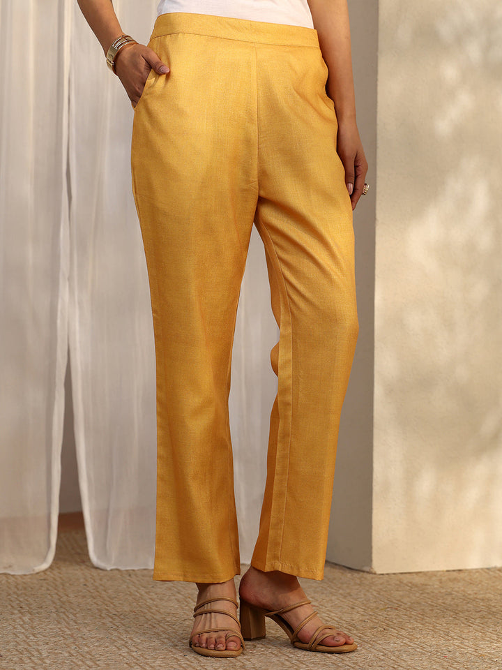 Mustard Printed Linen Straight Suit Set With Dupatta