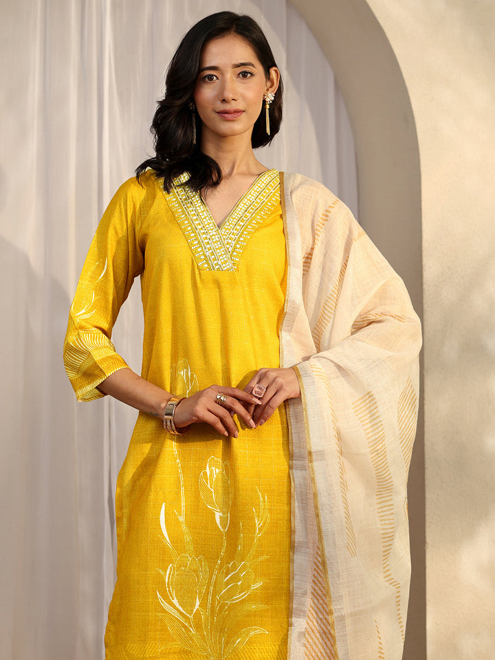 Mustard Printed Linen Straight Suit Set With Dupatta