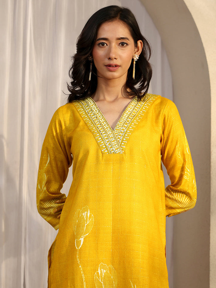 Mustard Printed Linen Straight Suit Set With Dupatta