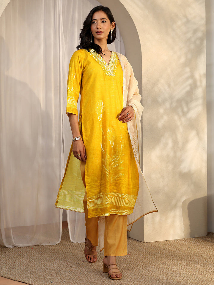 Mustard Printed Linen Straight Suit Set With Dupatta
