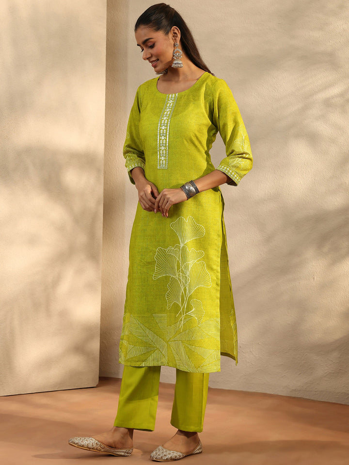Green Printed Linen Straight Suit Set With Dupatta