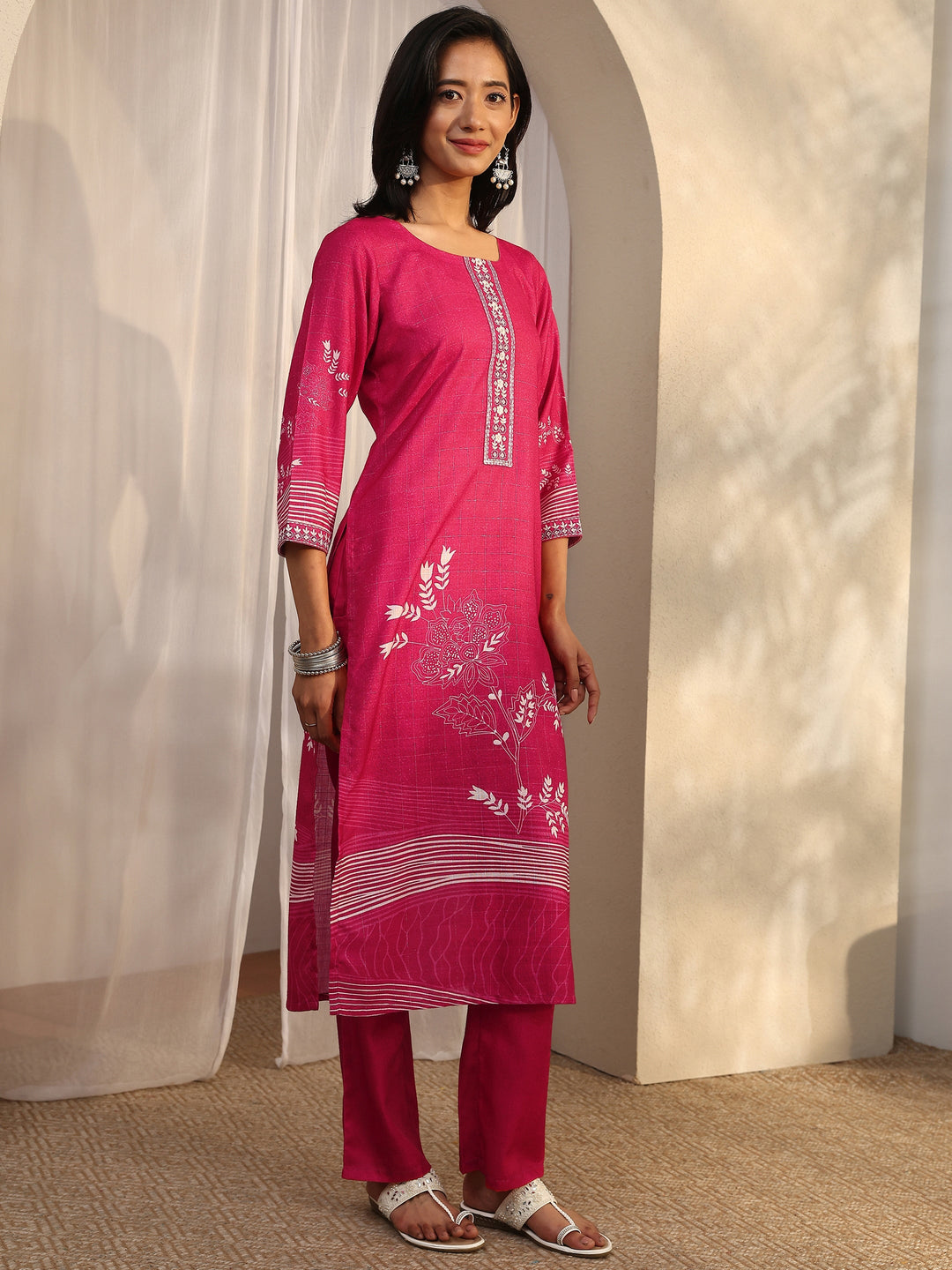 Maroon Printed Linen Straight Suit Set With Dupatta