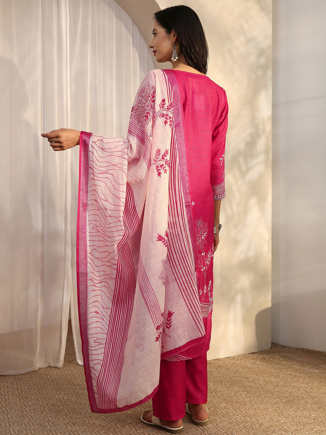 Maroon Printed Linen Straight Suit Set With Dupatta