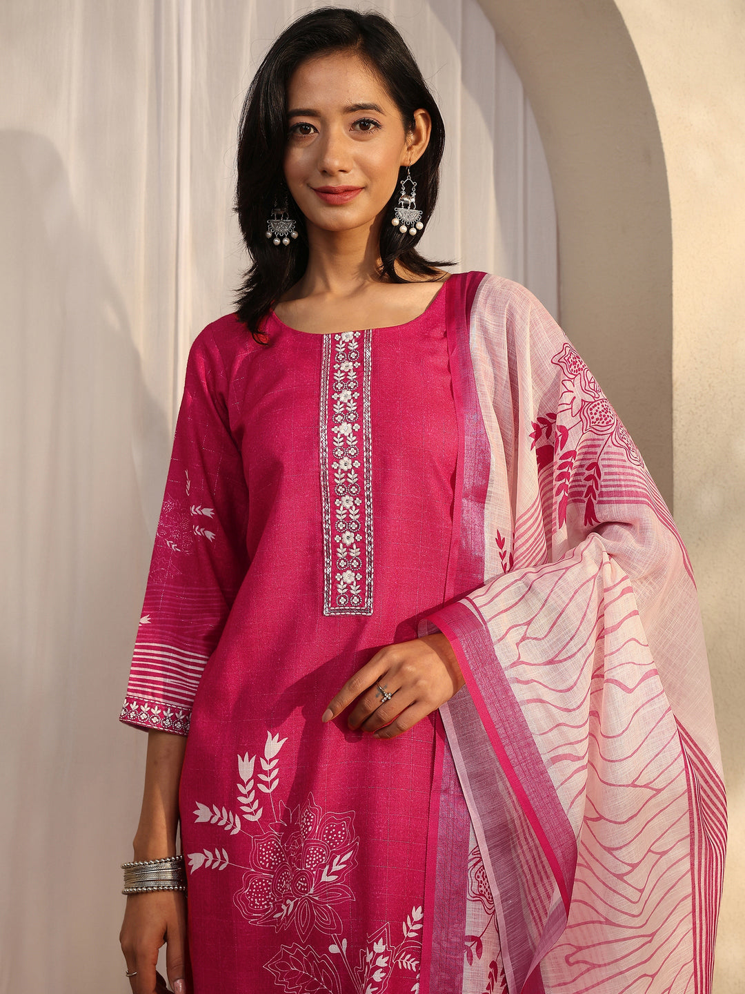 Maroon Printed Linen Straight Suit Set With Dupatta