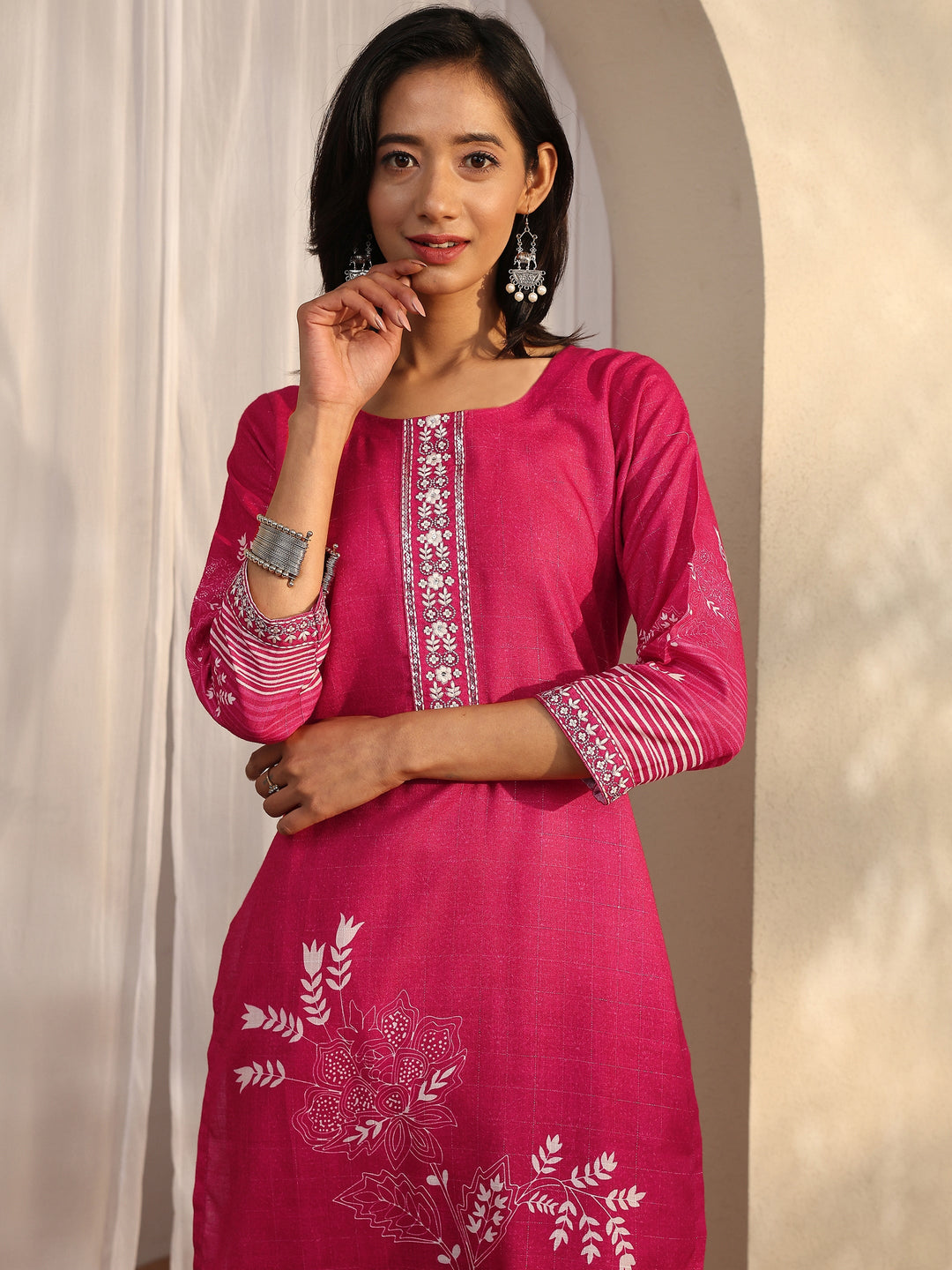 Maroon Printed Linen Straight Suit Set With Dupatta