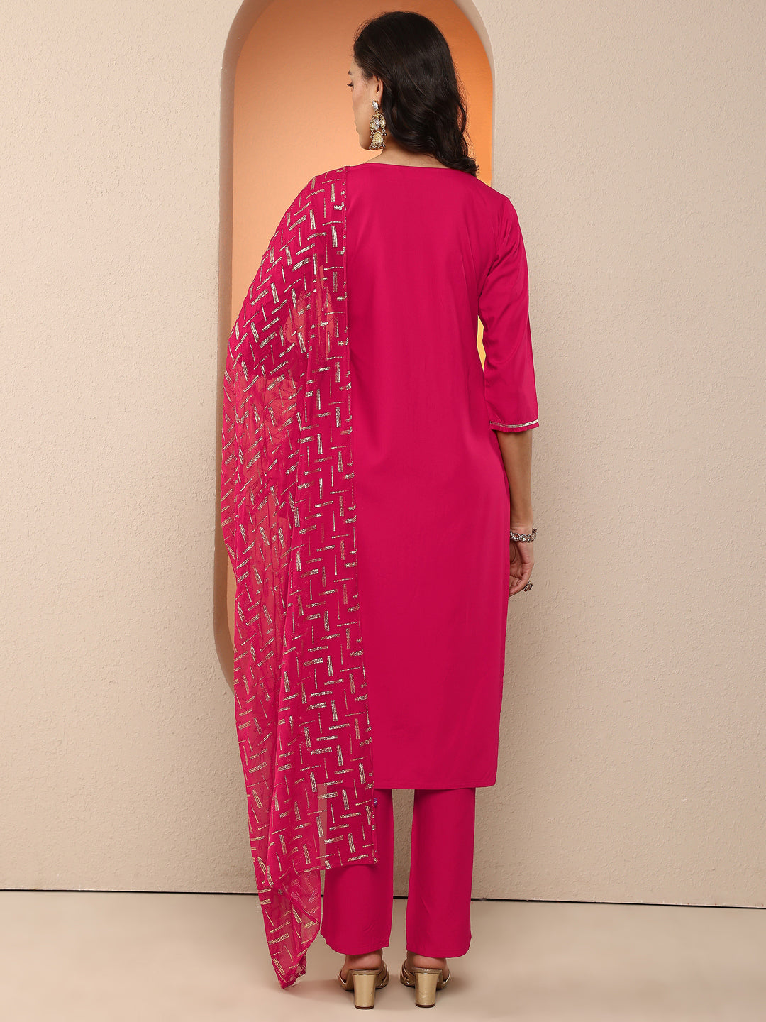 Rust Embroidered Silk Blend Straight Suit Set With Dupatta