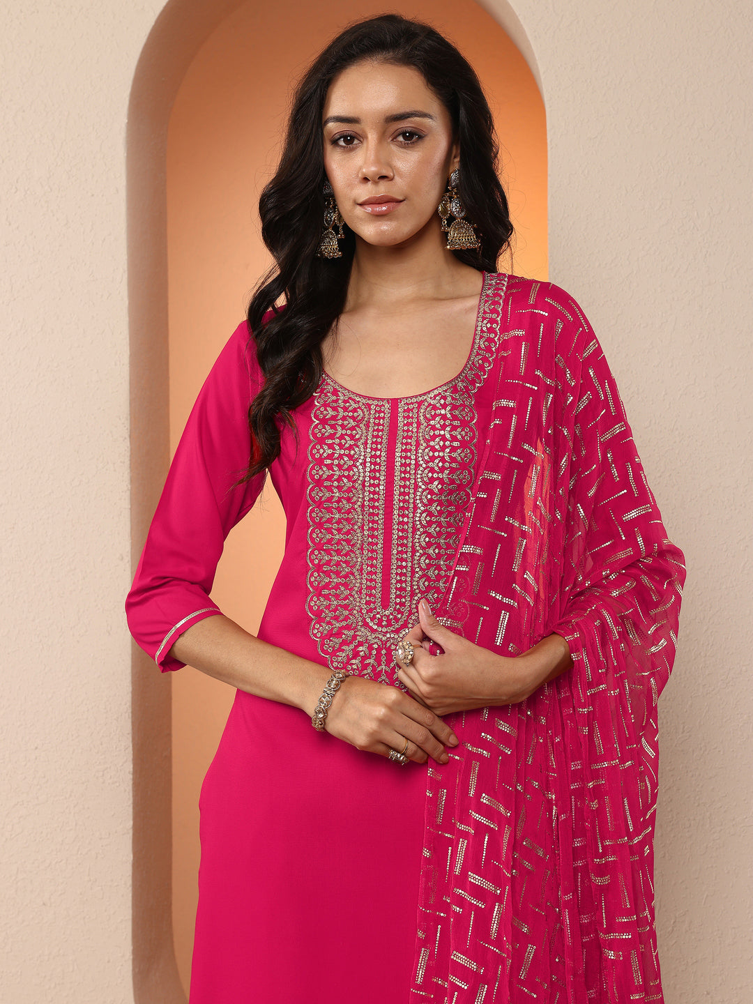 Rust Embroidered Silk Blend Straight Suit Set With Dupatta