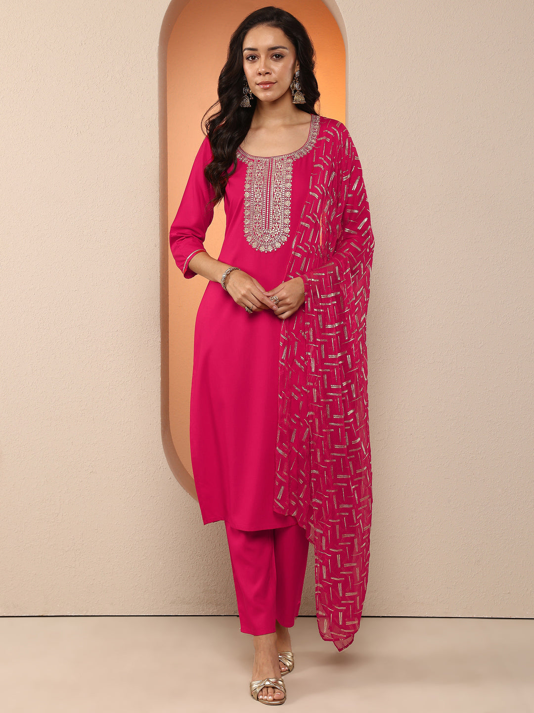 Rust Embroidered Silk Blend Straight Suit Set With Dupatta
