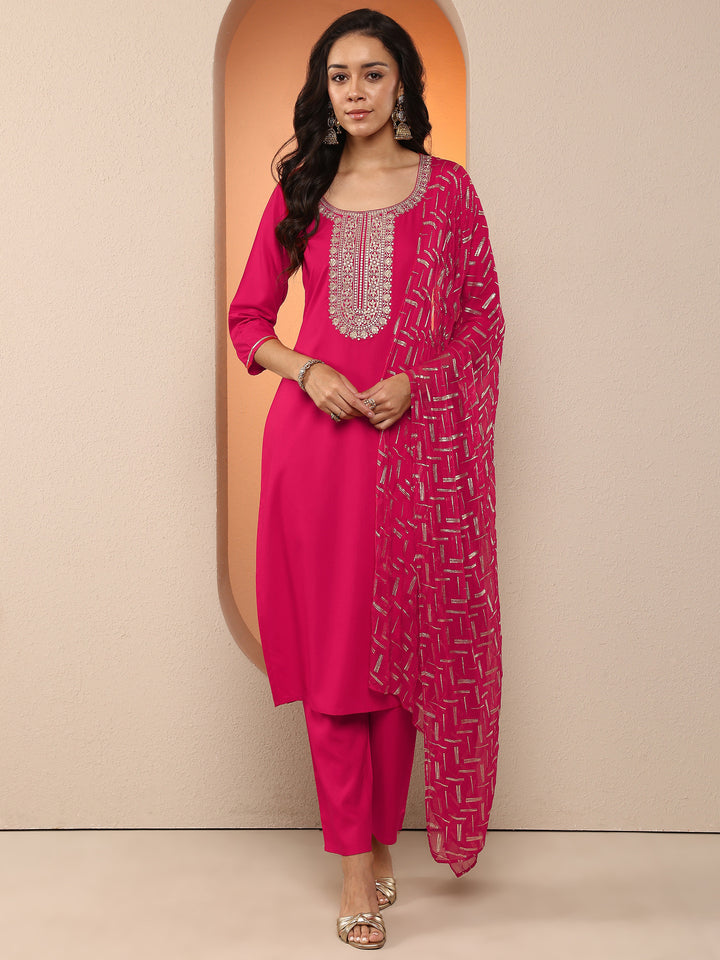 Rust Embroidered Silk Blend Straight Suit Set With Dupatta