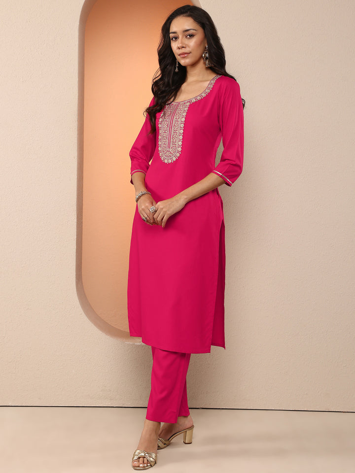 Rust Embroidered Silk Blend Straight Suit Set With Dupatta