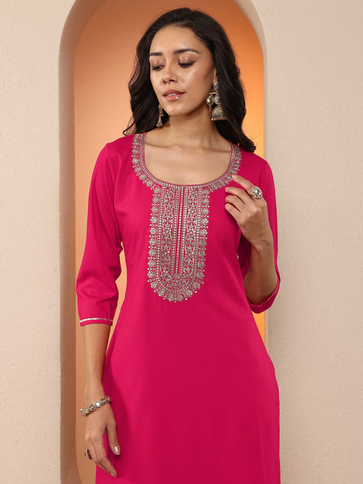 Rust Embroidered Silk Blend Straight Suit Set With Dupatta