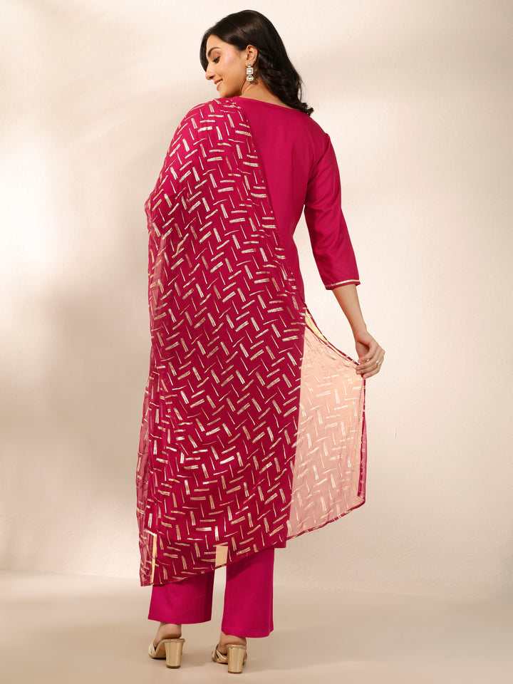 Pink Embroidered Silk Blend Straight Suit Set With Dupatta