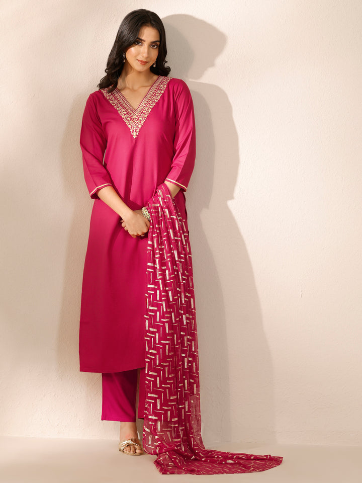 Pink Embroidered Silk Blend Straight Suit Set With Dupatta