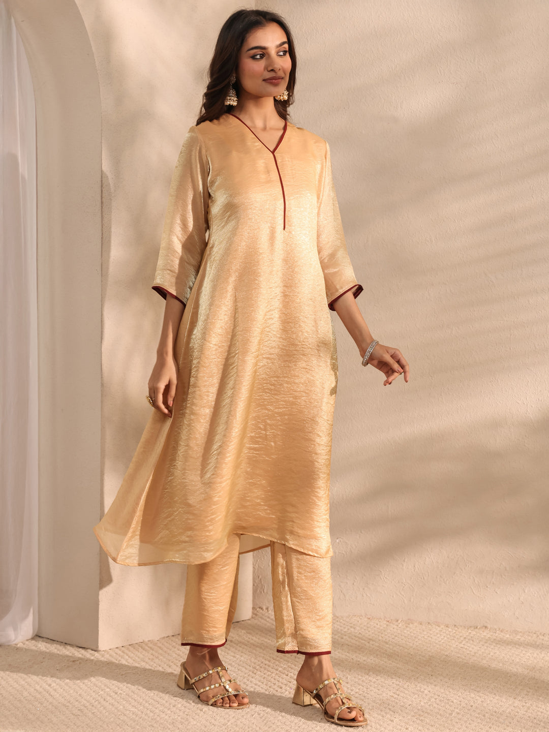 Beige Solid Silk Blend A-Line Kurta Set