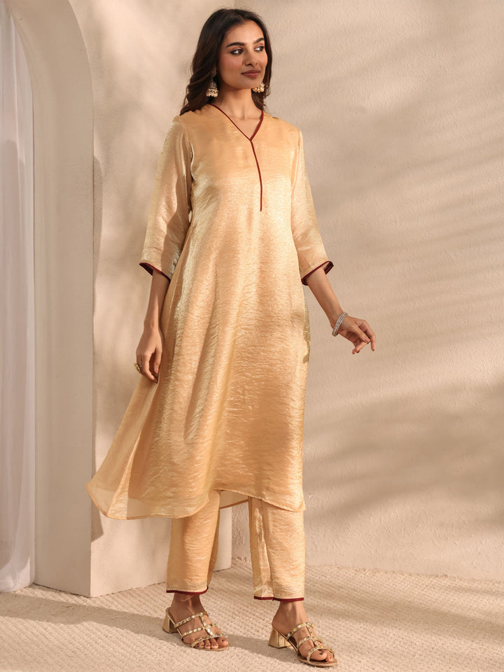 Beige Solid Silk Blend A-Line Kurta Set