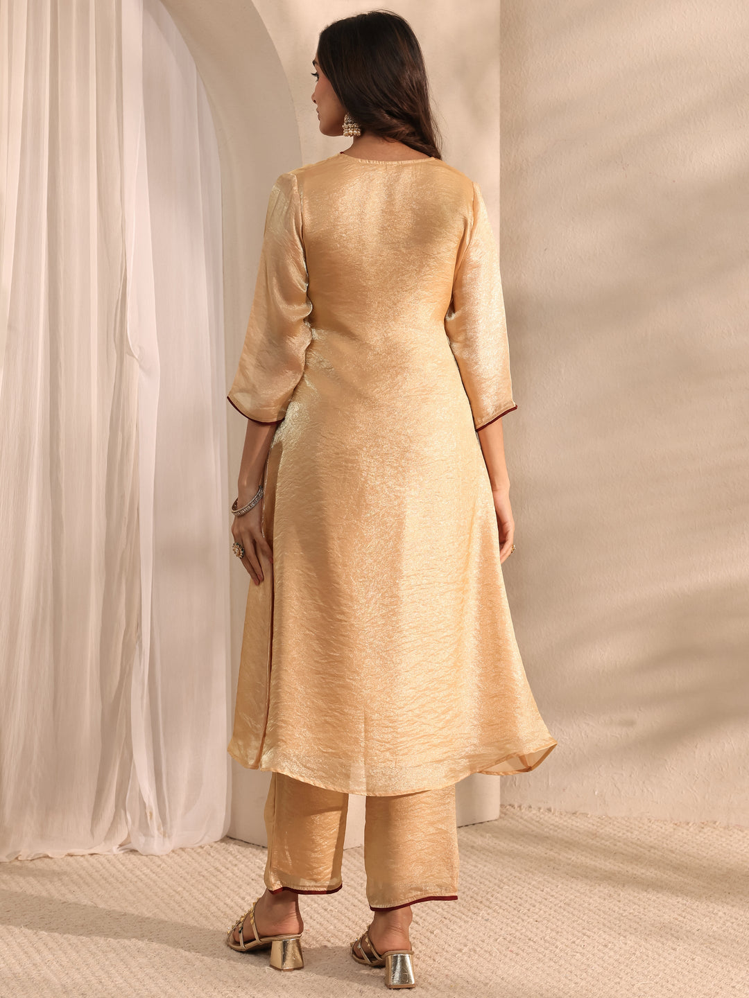 Beige Solid Silk Blend A-Line Kurta Set