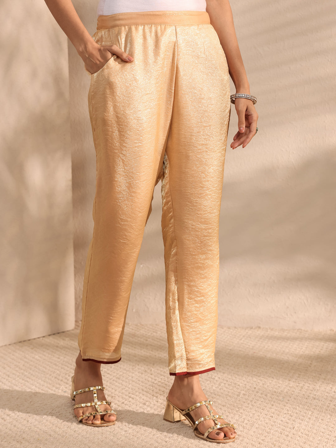 Beige Solid Silk Blend A-Line Kurta Set