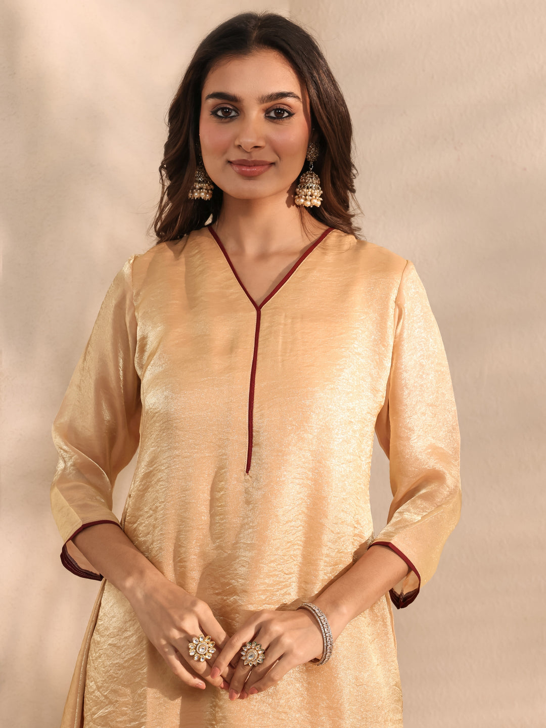 Beige Solid Silk Blend A-Line Kurta Set