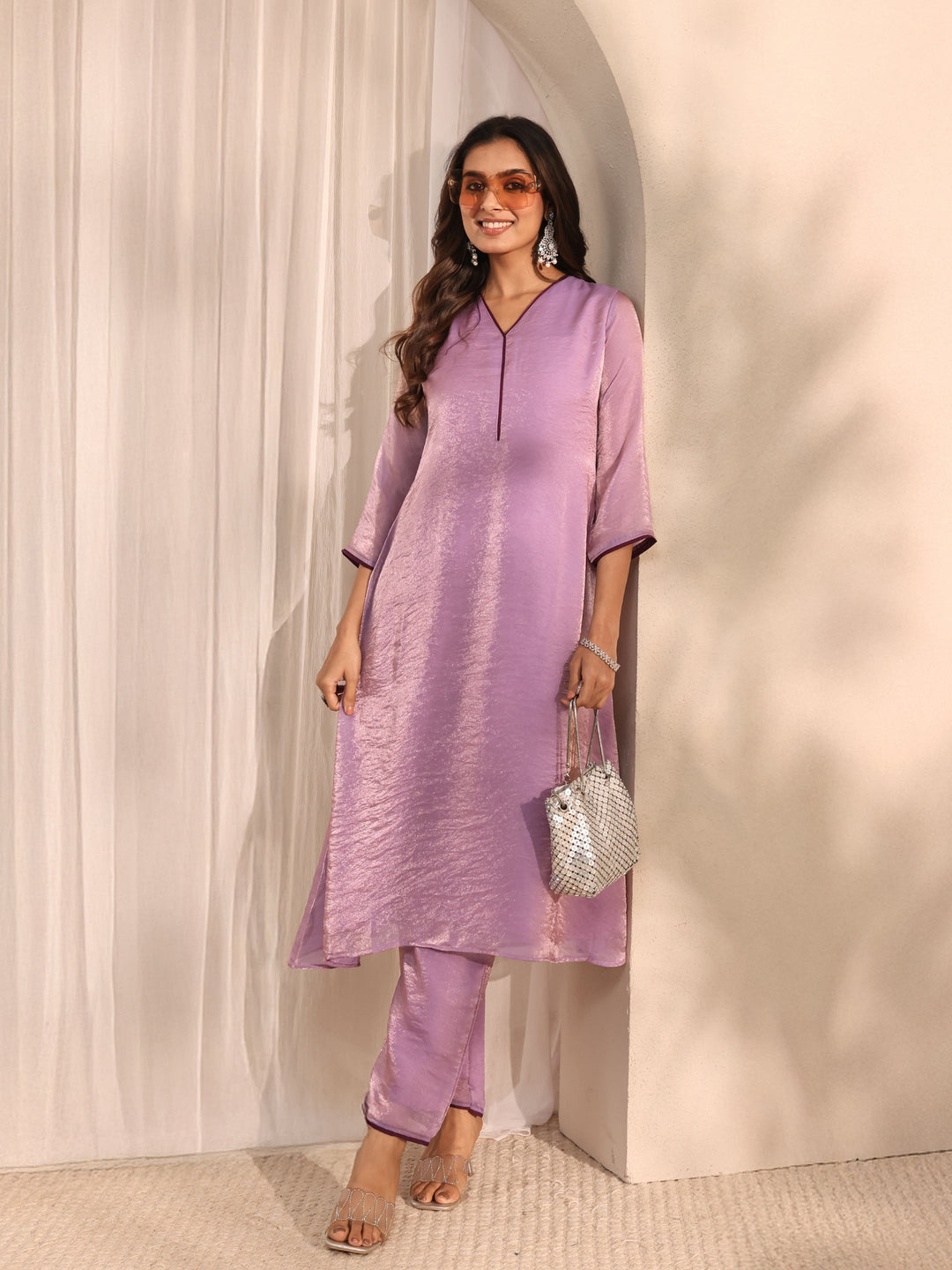 Purple Solid Silk Blend A-Line Kurta Set