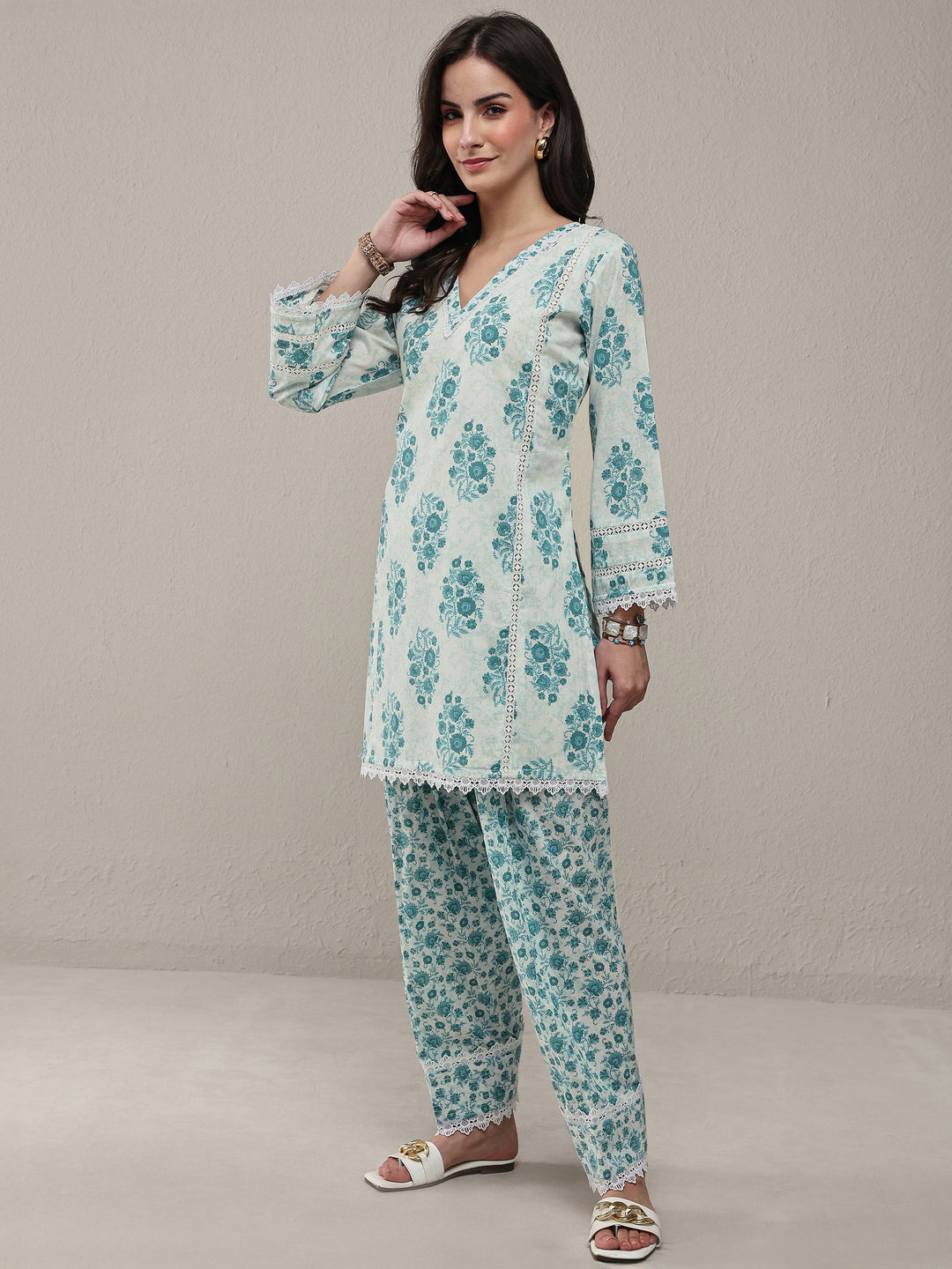 Libas Blue Floral Printed Cotton Straight Kurta Set