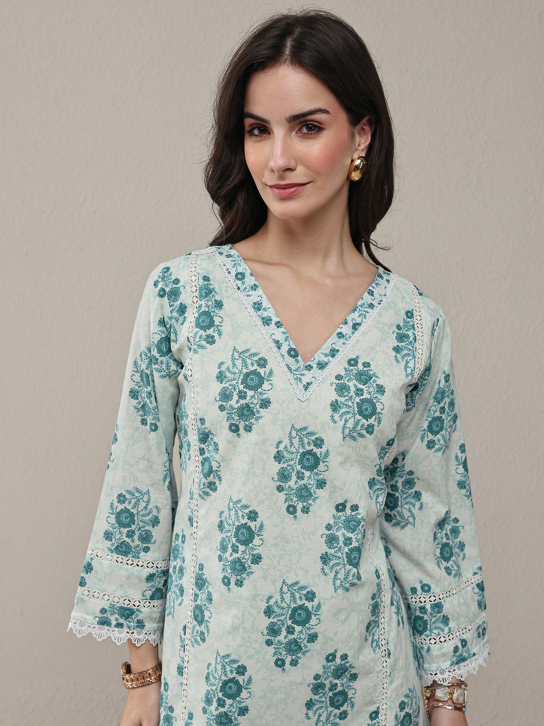 Libas Blue Floral Printed Cotton Straight Kurta Set