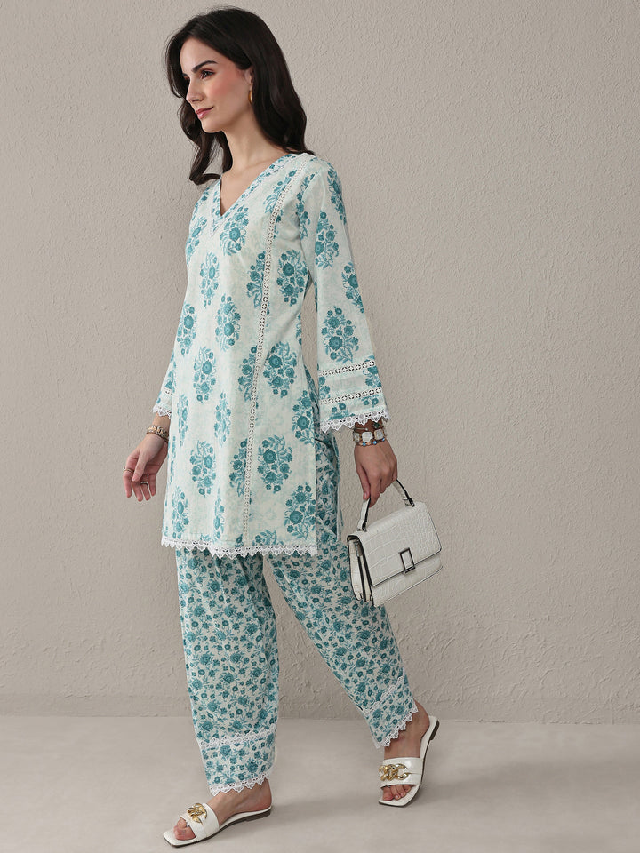 Libas Blue Floral Printed Cotton Straight Kurta Set