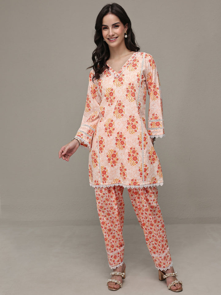 Libas Orange Floral Printed Cotton Straight Kurta Set
