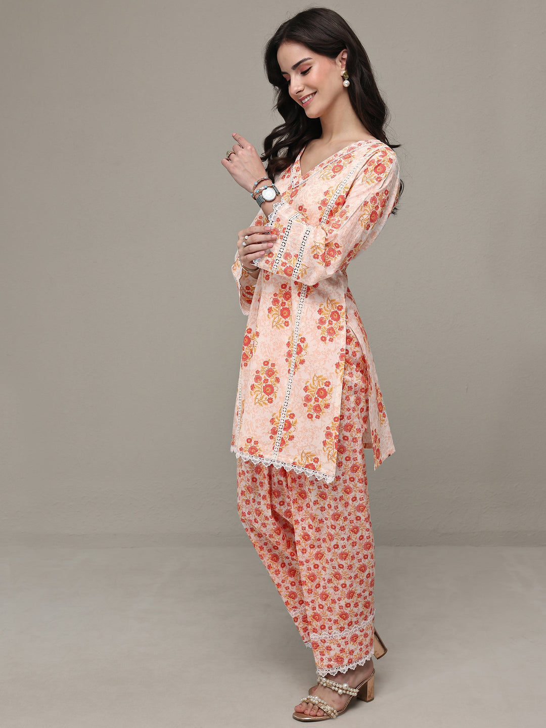 Libas Orange Floral Printed Cotton Straight Kurta Set