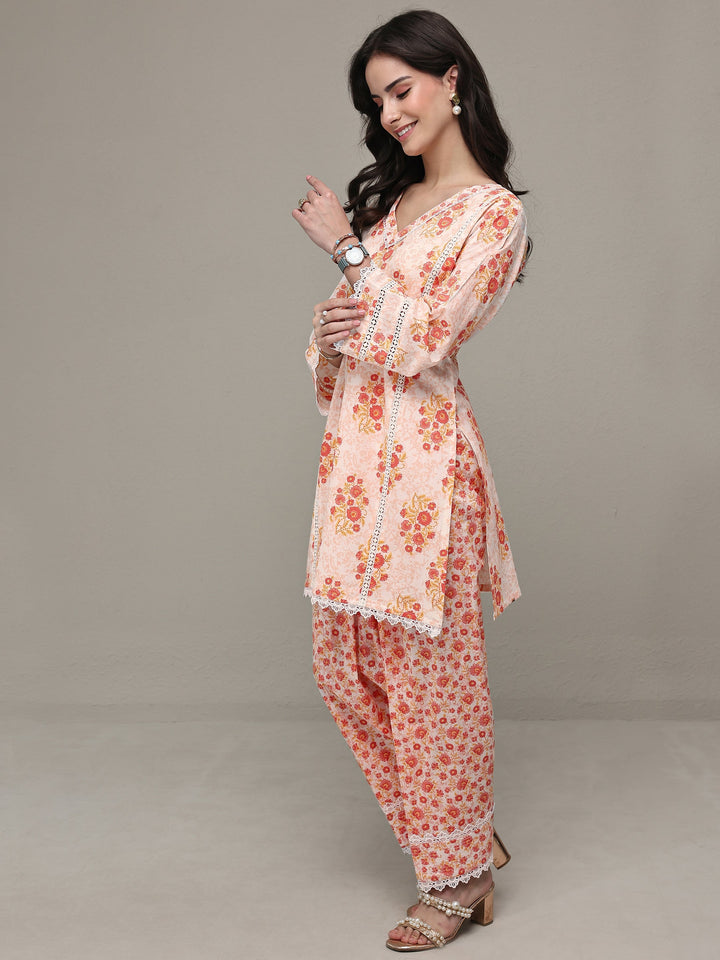 Libas Orange Floral Printed Cotton Straight Kurta Set